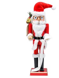 Ornativity Gift Santa Nutcracker –Nutcracker Santa in Traditional Attire with a Bag of Gold Wrapped Gifts Over His Shoulder and List of Names in Hand