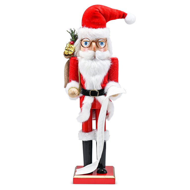 Ornativity Gift Santa Nutcracker –Nutcracker Santa in Traditional Attire with a Bag of Gold Wrapped Gifts Over His Shoulder and List of Names in Hand