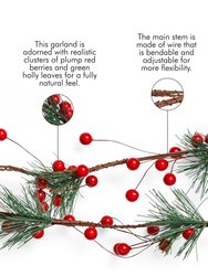 Pine and Berries Garland - Pine Needles and Berry Rustic Holiday Christmas Tree Natural Garland Decorations – 6 Ft