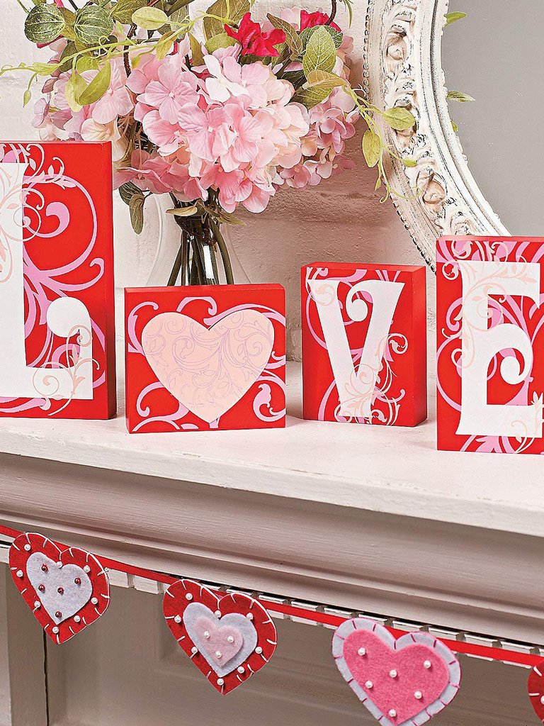 Red Wooden Love Blocks - Valentine's Day Romantic Heart Wood Letters Block 