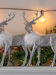 Silver Glitter Christmas Reindeer - Holiday Party Deer Figurine Statues Dinner Tabletop Decorations Centerpiece - Pack of 2