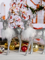 Silver Glitter Christmas Reindeer - Holiday Party Deer Figurine Statues Dinner Tabletop Decorations Centerpiece - Pack of 2