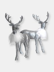 Silver Glitter Christmas Reindeer - Holiday Party Deer Figurine Statues Dinner Tabletop Decorations Centerpiece - Pack of 2