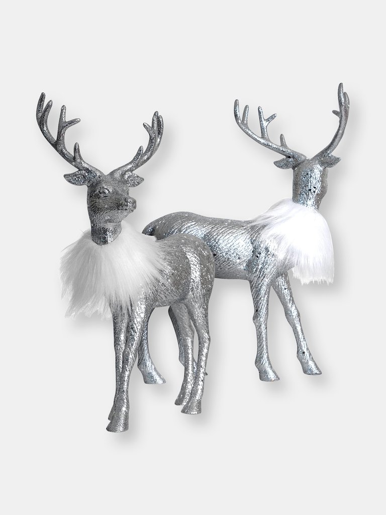 Silver Glitter Christmas Reindeer - Holiday Party Deer Figurine Statues Dinner Tabletop Decorations Centerpiece - Pack of 2