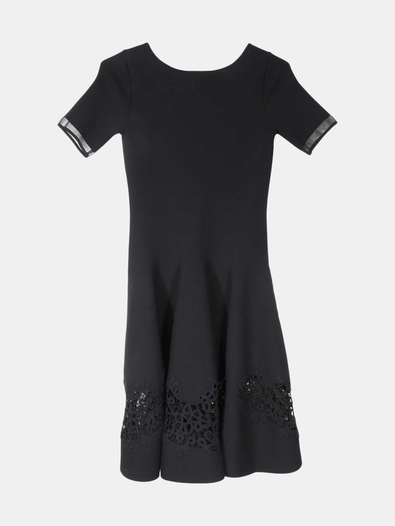 Oscar De La Renta Women's Black Short Sleeve Embroidered Lace Hem Dress - S - Black