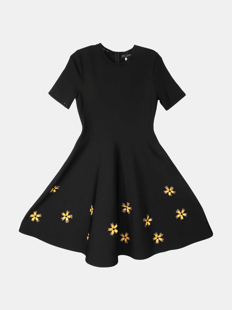 Oscar De La Renta Women's Black Short Sleeve Fit and Flare with Sequin Flowers Dress - Black