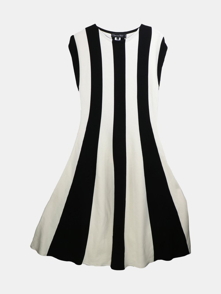 Oscar De La Renta Women's Black / White Sleeveless Striped Wool Dress - L - Black / White