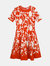Oscar De La Renta Women's Orange / White Short Sleeve Floral Damask Fit-and-Flare Dress - S - Orange / White