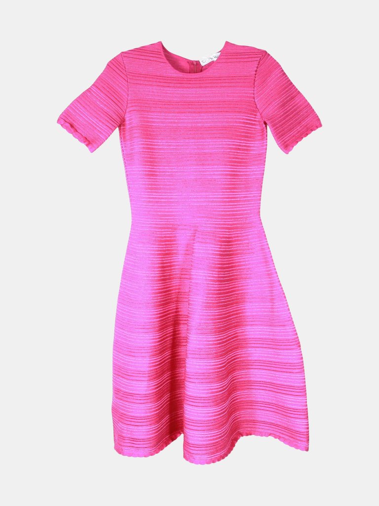 Oscar De La Renta Women's Shocking Pink Scalloped Jacquard Rib Stripe Silk Mini A-Line Dre Dress - S - Shocking Pink