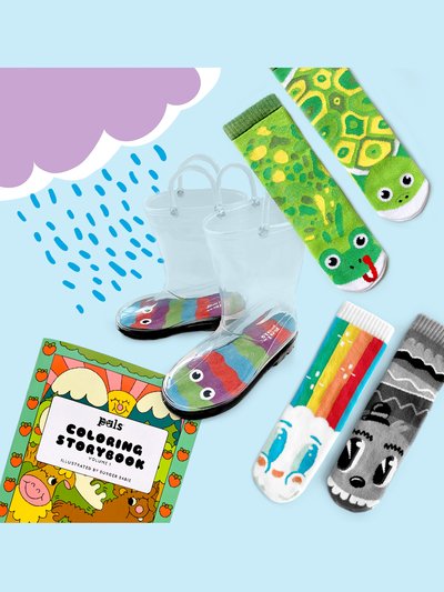 Pals Happy Again! Rainy Day Fun Gift Bundle for Kids (See-Thru Rainboots + 2 Pairs of Mismatched Socks + Pals Coloring Book!) product