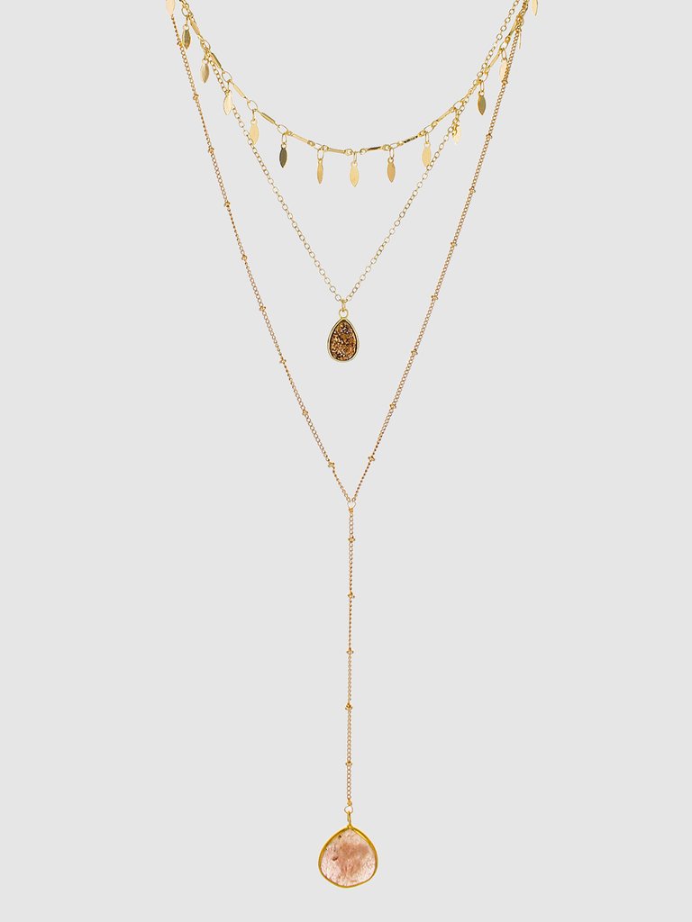 Peach Stone Layered Y-Necklace  - Gold