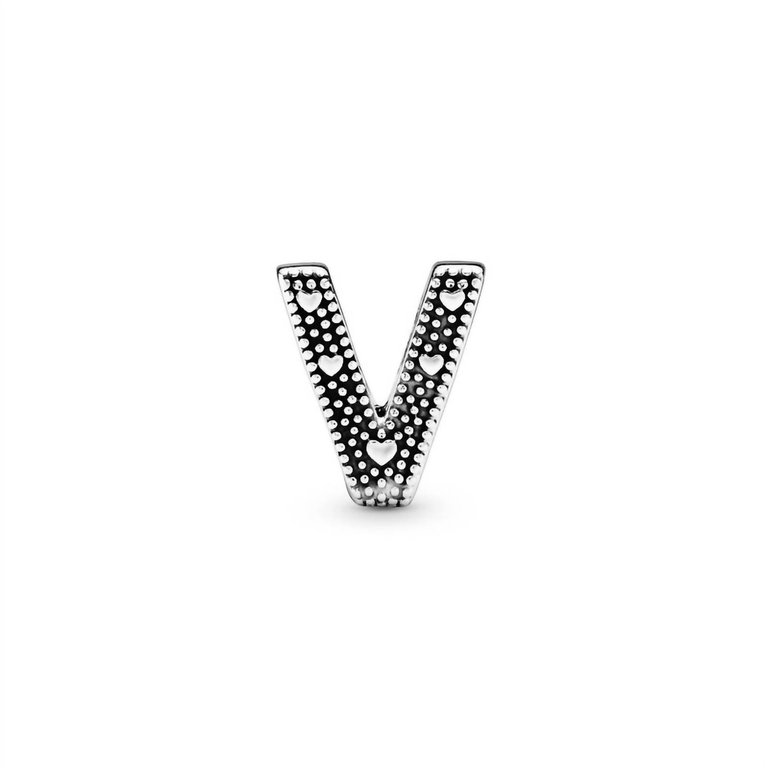 Letter V Charm In Sterling Silver With Heart Pattern