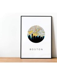 Boston, Massachusetts City Skyline With Vintage Boston Map