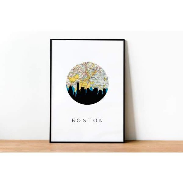 Boston, Massachusetts City Skyline With Vintage Boston Map