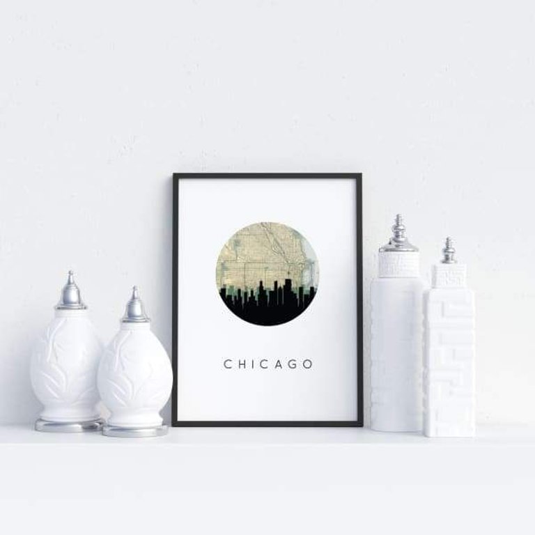 Chicago, Illinois City Skyline With Vintage Chicago Map