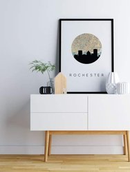 Rochester, New York city skyline with vintage Rochester map