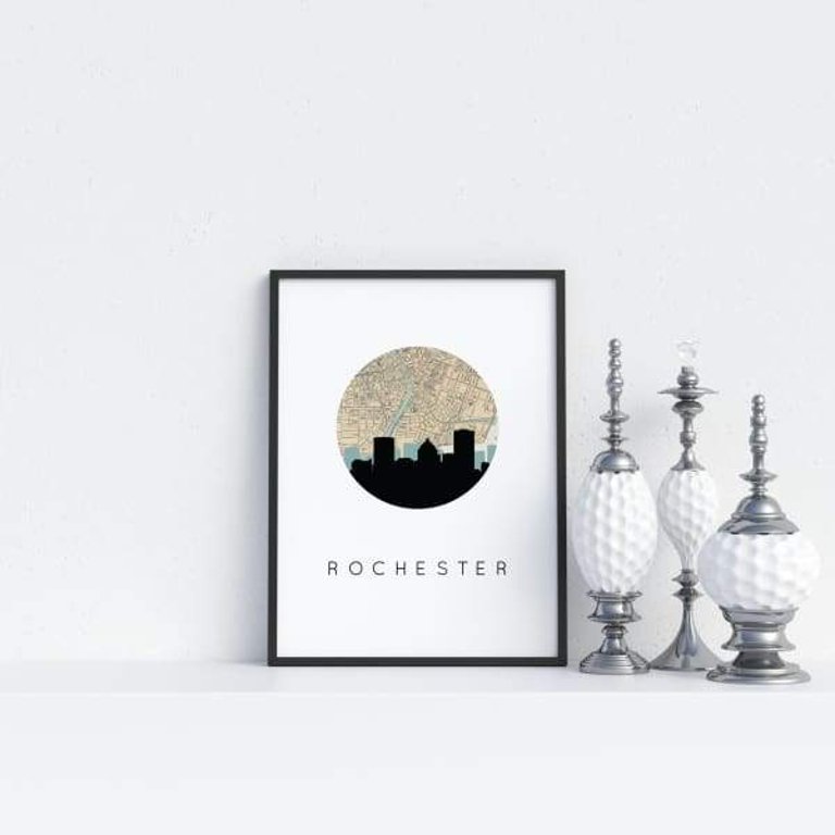 Rochester, New York city skyline with vintage Rochester map