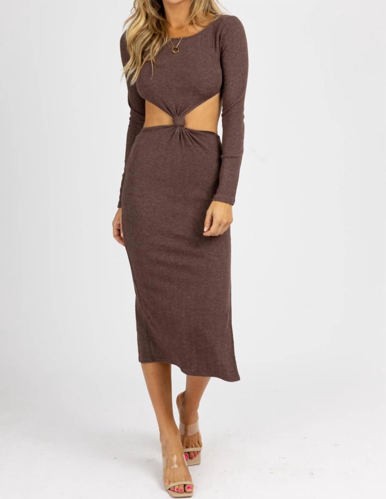 Long Sleeve Front Twist Midi Dress In Chocolate - Chocolate