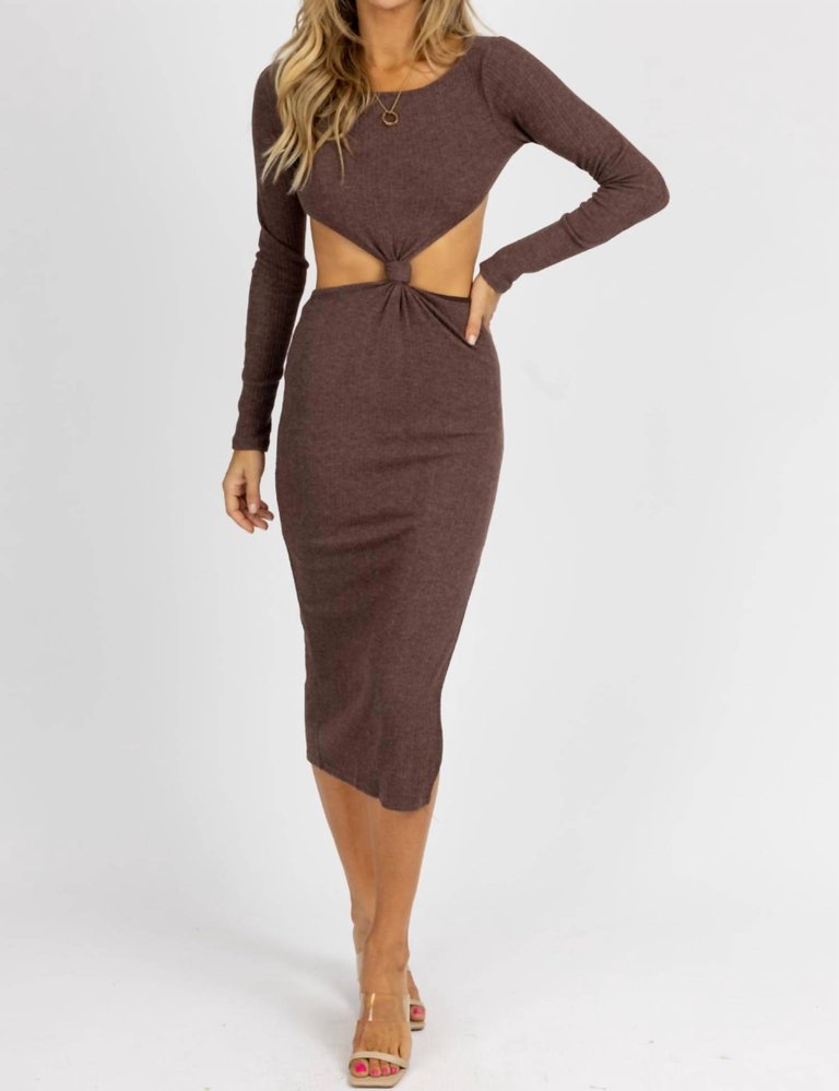 Long Sleeve Front Twist Midi Dress In Chocolate