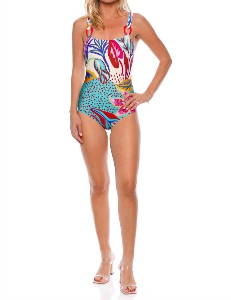 Floral Abstract Print Square Neck One Piece - Multicolor