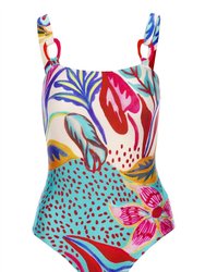 Floral Abstract Print Square Neck One Piece