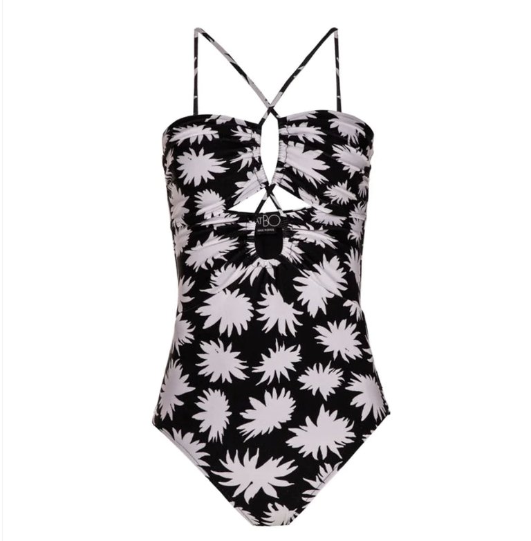 Patbo Women Black White Floral Dahlia Lace Up One-Piece Swimsuit - Black/White