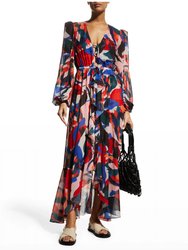 Protea Beaded Tie-Front Waist Long Sleeve Robe Maxi Dress - Poppy