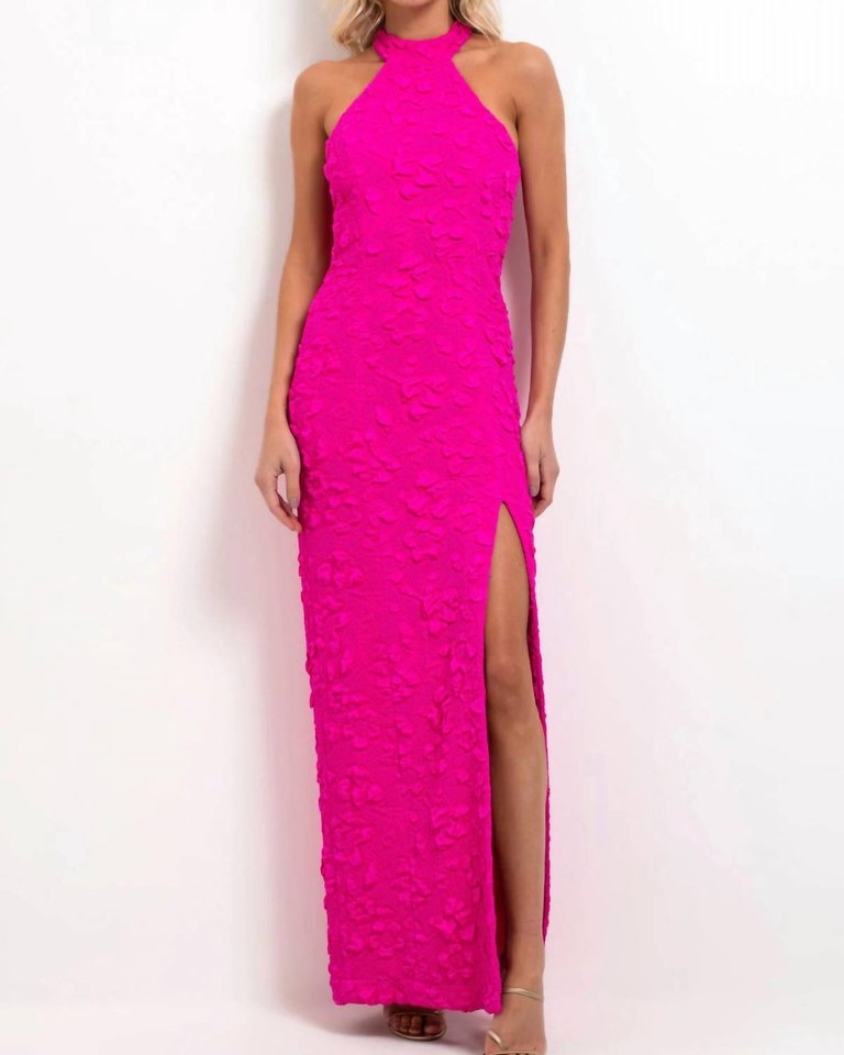 Stretch Jacquard High Neck Maxi Dress - Neon Pink