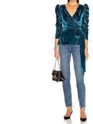 Velvet Puff Sleeve Wrap Top - Azure