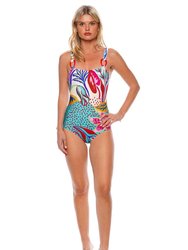 Women's One Piece Flora Abstract Print Square Neck Swimsuit - Multicolor