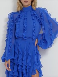 Women's Ruffle High-Neck Blouse - Blue