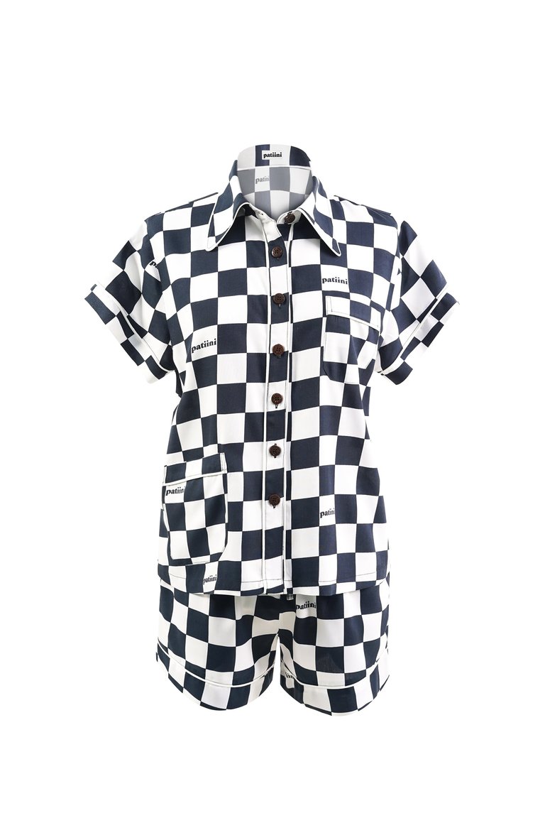 Black Checkerboard Short Sleeve Set - Black