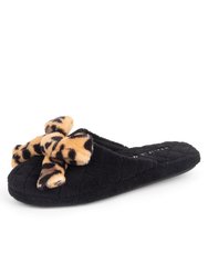 Bonnie Microterry Slipper - Black w/ Leopard Bow