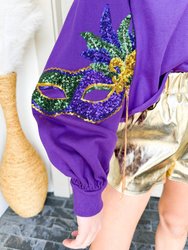 Mardi Gras Mask Cropped Sweatshirt In Purple