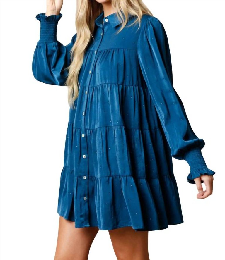 Rhinestone Button Down Shirt Dress In Teal