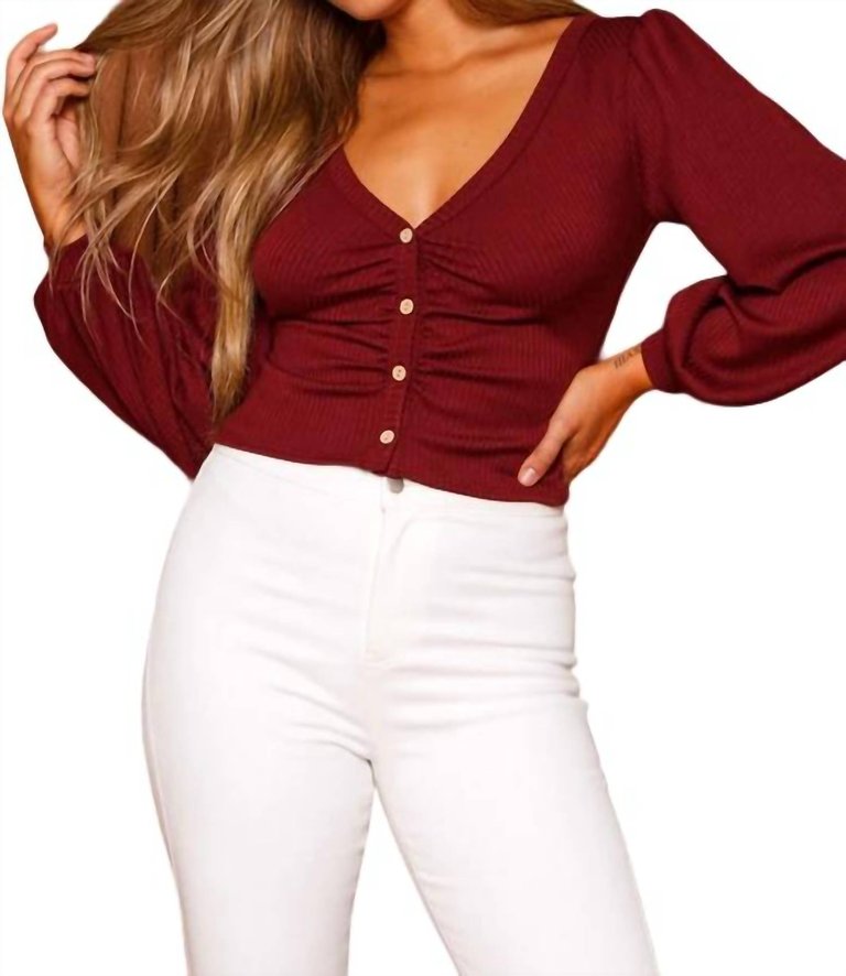 Solid Bubble Long Sleeve Semi Crop Top In Burgundy