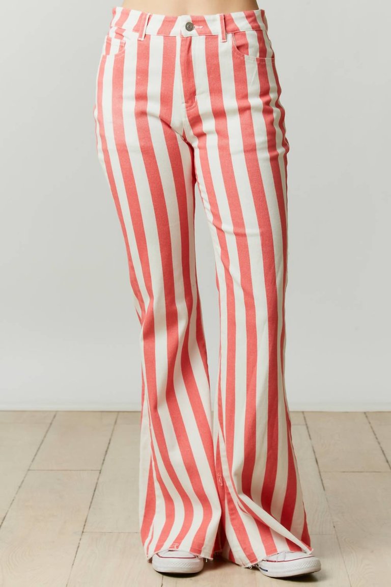 Stripe Denim Flares Jeans In Coral - Coral