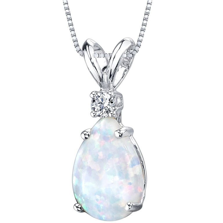 14 Karat White Gold Pear Shape Created Opal Diamond Pendant - 14k white gold