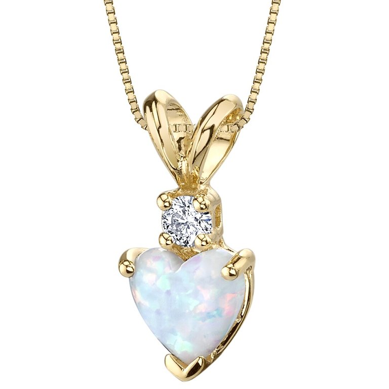 14 Karat Yellow Gold Heart Shape Created Opal Diamond Pendant - 14k yellow gold