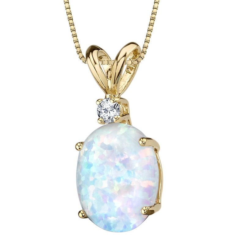 14 Karat Yellow Gold Oval Shape Created Opal Diamond Pendant - 14k yellow gold