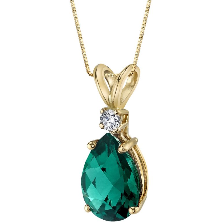 14 Karat Yellow Gold Pear Shape 1.75 Carats Created Emerald Diamond Pendant - 14k yellow gold
