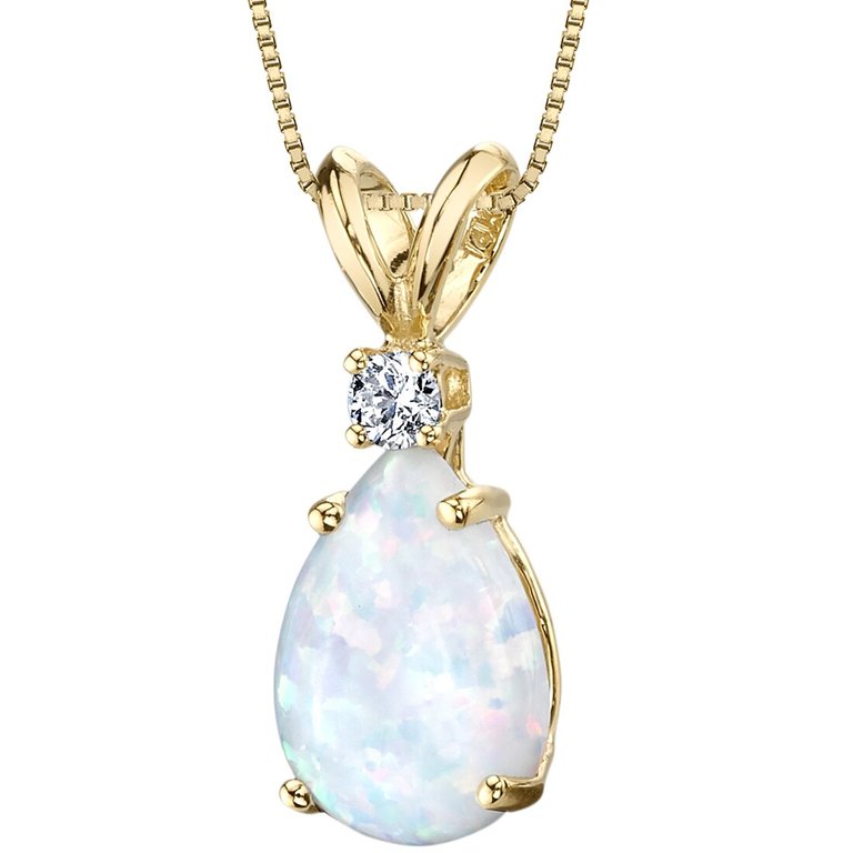 14 Karat Yellow Gold Pear Shape Created Opal Diamond Pendant - 14k yellow gold