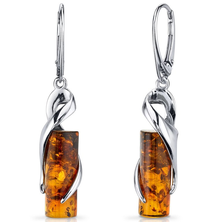 Amber Elliptical Earrings Sterling Silver Cognac Cylindrical - Sterling silver