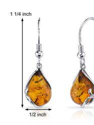 Amber Tear Drop Earrings Sterling Silver Cognac Color Fish Hook