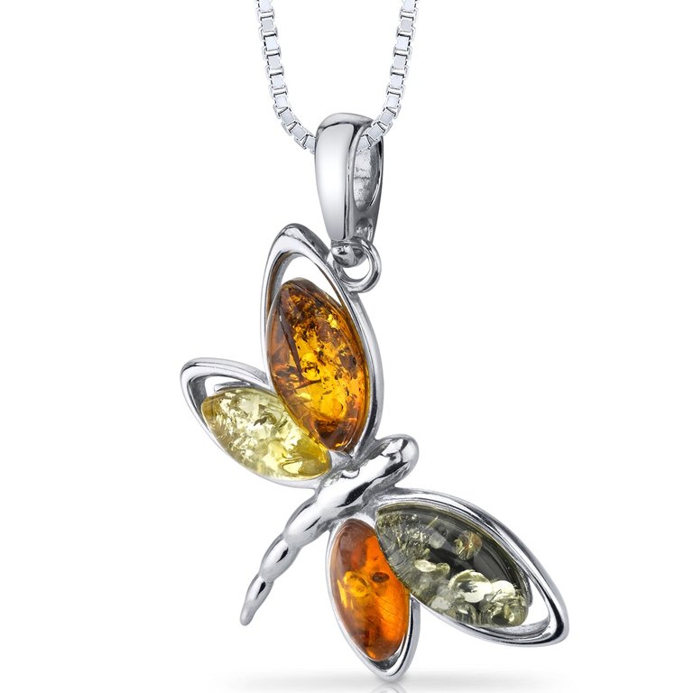Baltic Amber Butterfly Pendant Necklace Sterling Silver Multiple Colors - Silver
