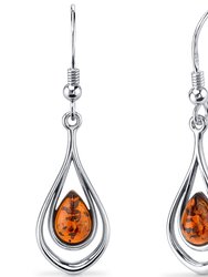 Baltic Amber Dangle Earrings Sterling Silver Cognac Tear Drop - Silver