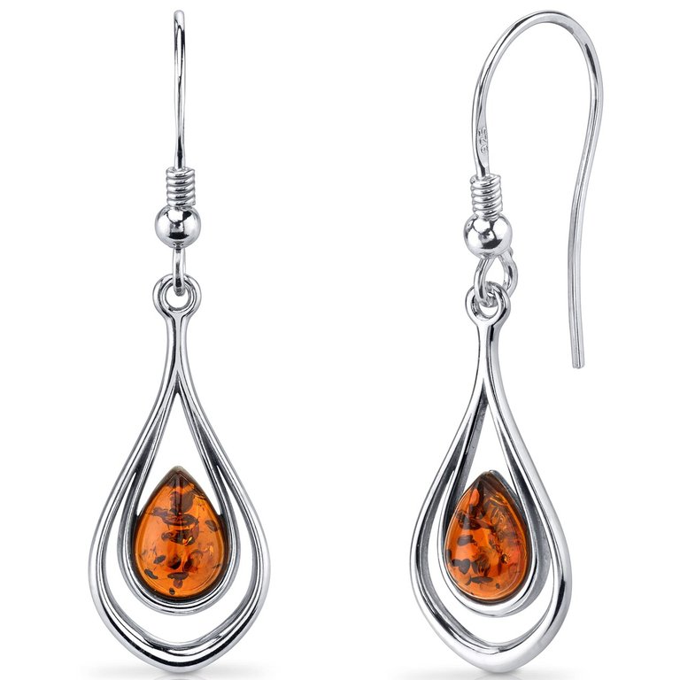 Baltic Amber Dangle Earrings Sterling Silver Cognac Tear Drop - Silver