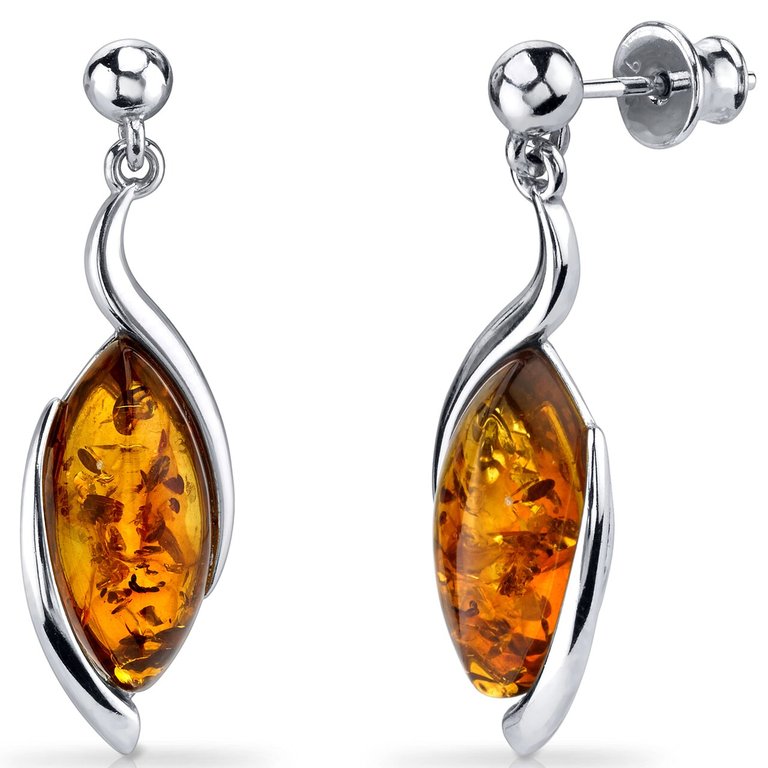 Baltic Amber Earrings Sterling Silver Cognac Color Marquise - Sterling silver