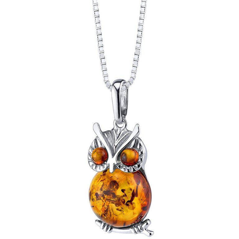 Baltic Amber Owl Pendant Necklace Sterling Silver Multiple Color - Sterling silver