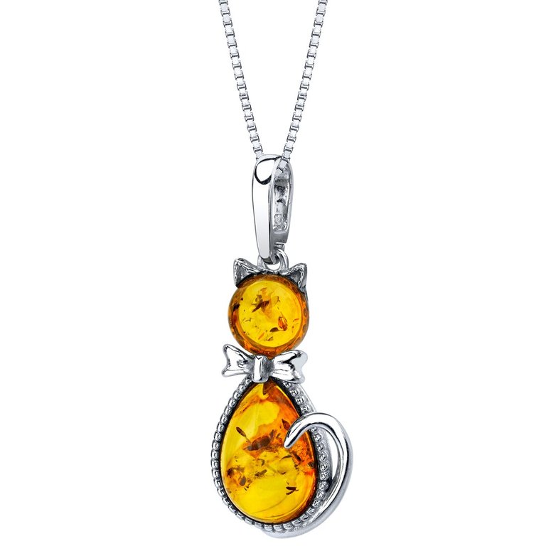 Baltic Amber Sterling Silver Cat Pendant Necklace - Baltic Amber/Sterling Silver